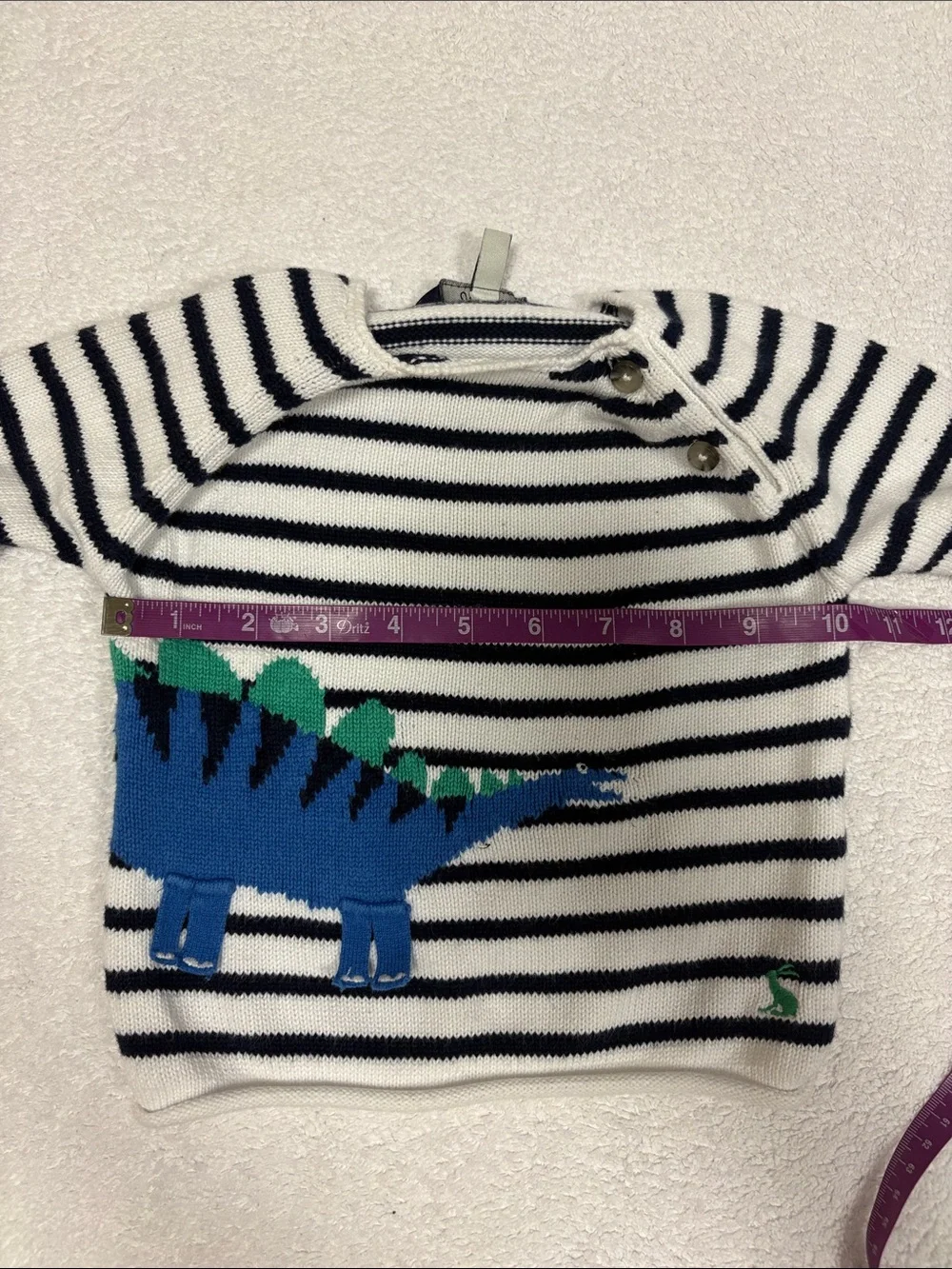Joules Navy & White Striped Sweater with Blue Dinosaur 6/9m